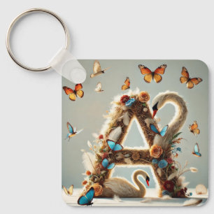 Elegant Floral Letter A Design with Swan Key Ring