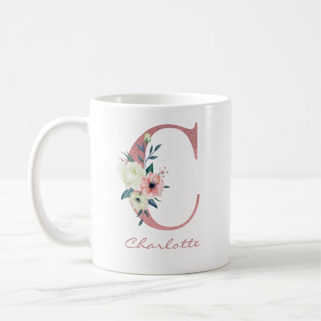 Elegant Floral Letter C Pink and Ivory Bouquet Coffee Mug (Left)