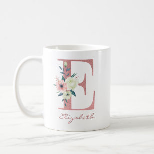 Elegant Floral Letter E Pink and Ivory Bouquet Coffee Mug