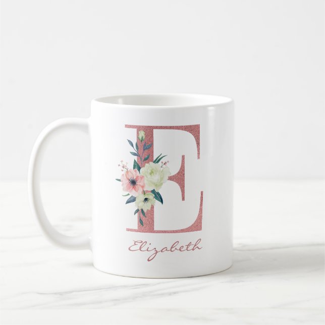Elegant Floral Letter E Pink and Ivory Bouquet Coffee Mug (Left)