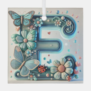 Elegant Floral Letter E with Butterflies Glass Tree Decoration