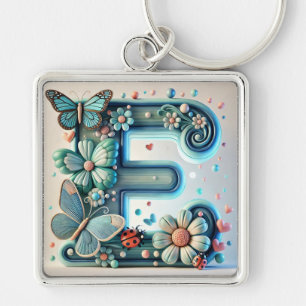 Elegant Floral Letter E with Butterflies Key Ring