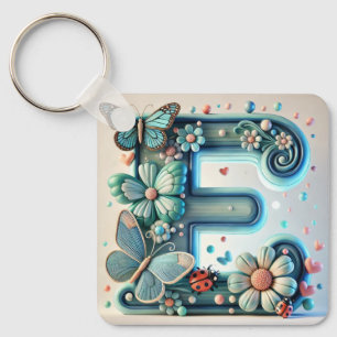 Elegant Floral Letter E with Butterflies Key Ring