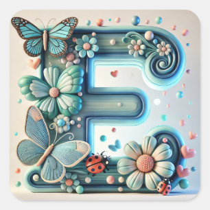 Elegant Floral Letter E with Butterflies Square Sticker