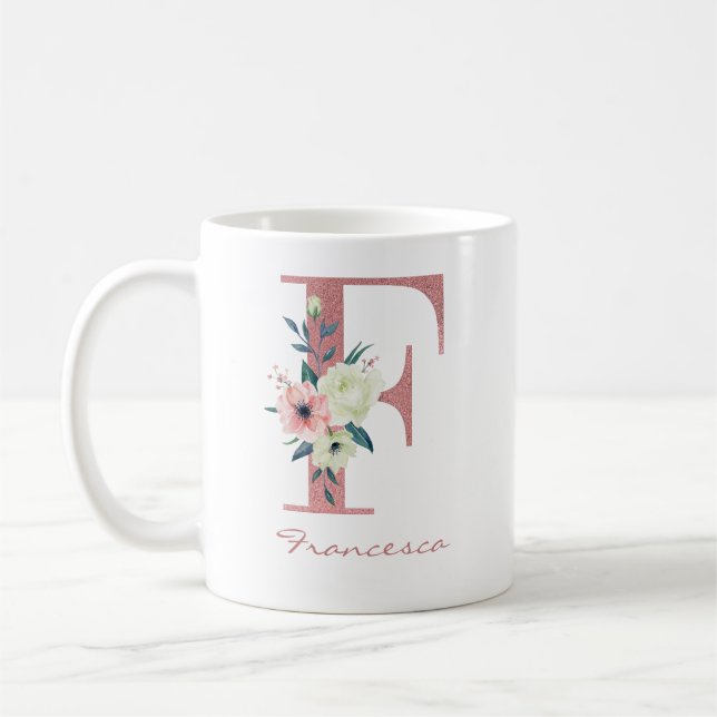 Elegant Floral Letter F Pink and Ivory Bouquet Coffee Mug (Left)