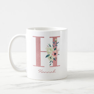 Elegant Floral Letter H Pink and Ivory Bouquet Coffee Mug