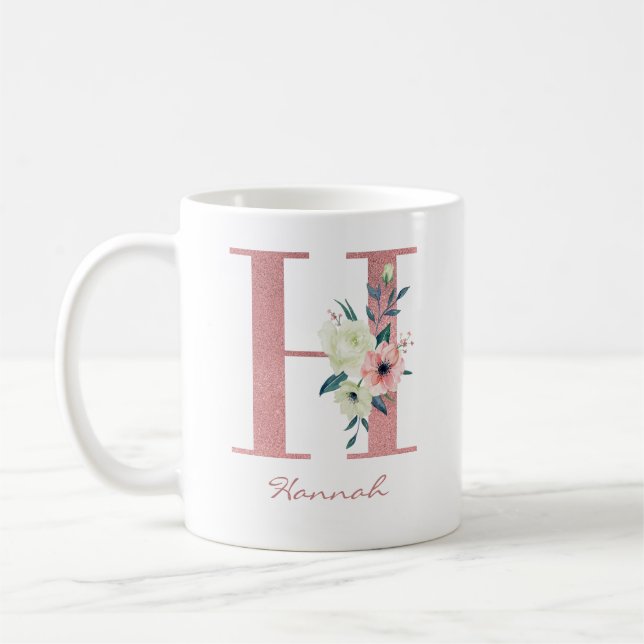 Elegant Floral Letter H Pink and Ivory Bouquet Coffee Mug (Left)