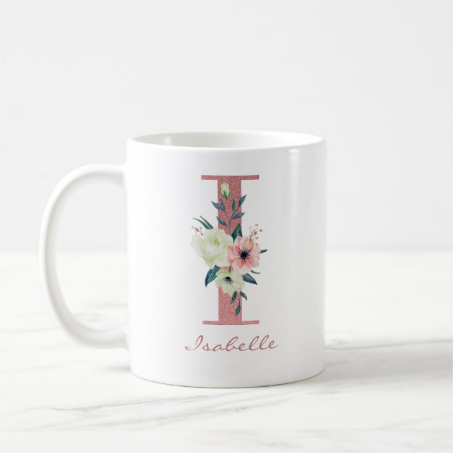 Elegant Floral Letter I Pink and Ivory Bouquet Coffee Mug (Left)