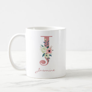 Elegant Floral Letter J Pink and Ivory Bouquet Coffee Mug