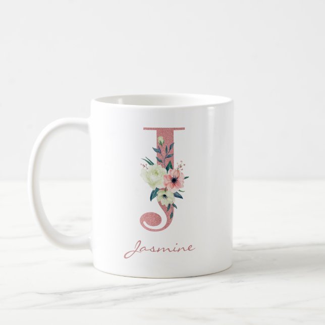 Elegant Floral Letter J Pink and Ivory Bouquet Coffee Mug (Left)
