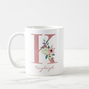 Elegant Floral Letter K Pink and Ivory Bouquet Coffee Mug