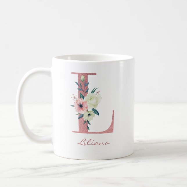 Elegant Floral Letter L Pink and Ivory Bouquet Coffee Mug (Left)