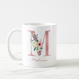 Elegant Floral Letter M Pink and Ivory Bouquet Coffee Mug