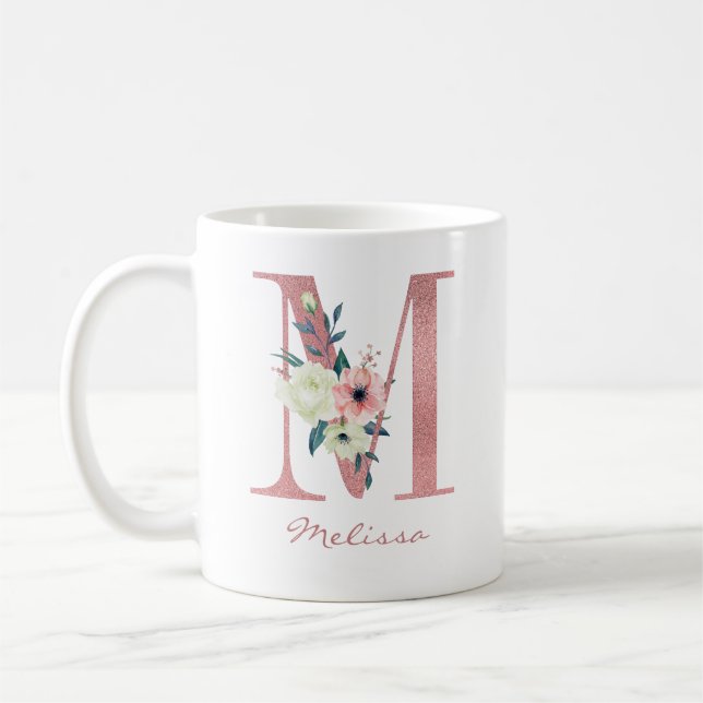Elegant Floral Letter M Pink and Ivory Bouquet Coffee Mug (Left)