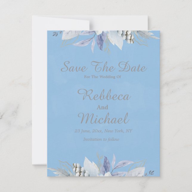 Elegant Floral Light Blue Flat Save The Date Card (Front)