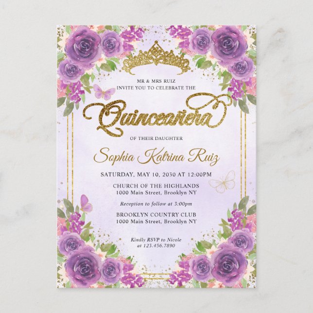 Elegant Floral Light Purple Gold Tiara Quinceañera Postcard (Front)