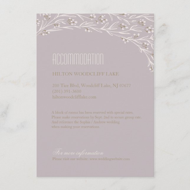 Elegant floral lilac rustic wedding accommodations enclosure card (Front)