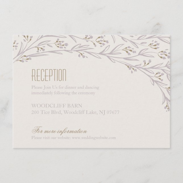 Elegant floral lilac rustic wedding reception card (Front)
