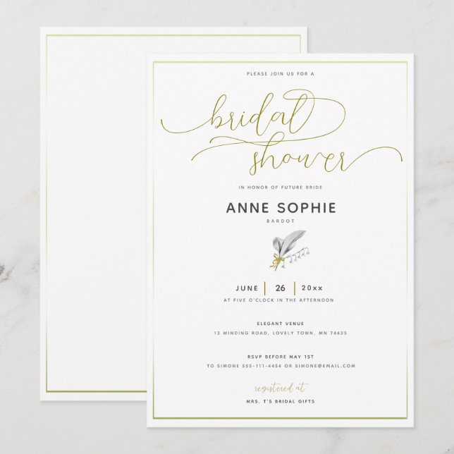 Elegant Floral Lily Gold Calligraphy Bridal Shower Invitation (Front/Back)