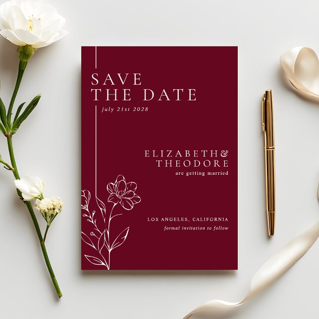 Elegant Floral Line Art Burgundy Wedding Save The Date (Creator Uploaded)