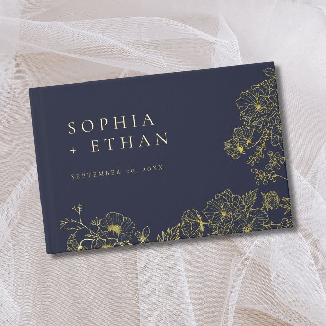 Elegant Floral Line Art Navy Blue Wedding Foil Guest Book (Creator Uploaded)