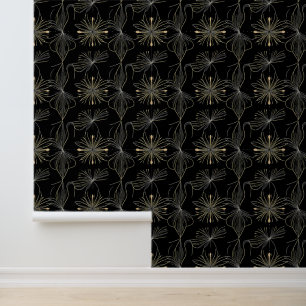 Elegant Floral Line Art on Black Background Wallpaper