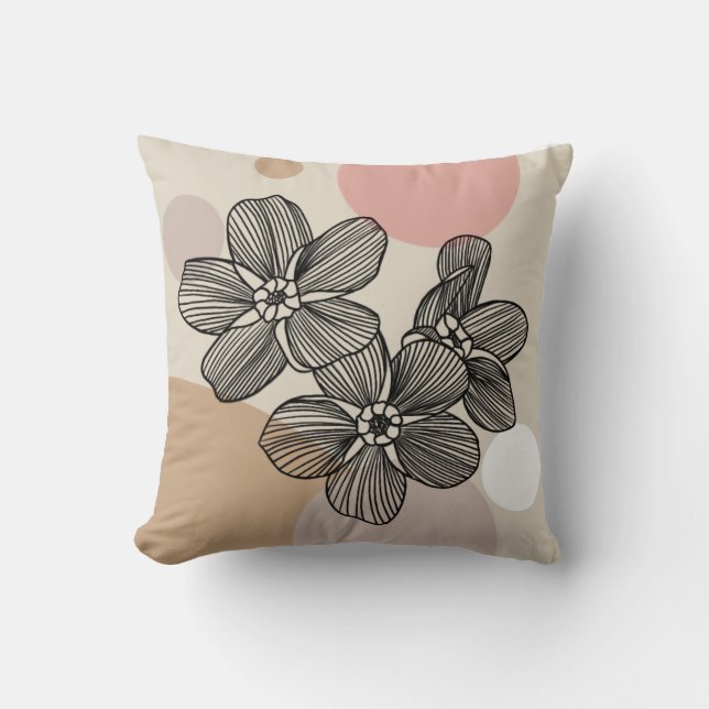 Elegant Floral Line Art with Abstract Circle Cushion (Front)