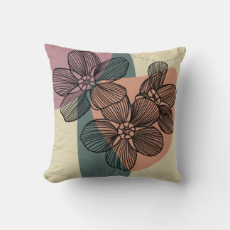 Elegant Floral Line Art with Abstract Circles II Cushion