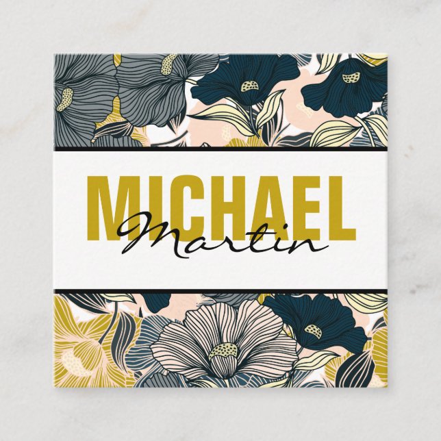 Elegant Floral Line Pattern | Creative Drawing Square Business Card (Front)