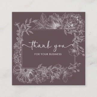 Elegant Floral Line Purple Brown QR Code Thank You Square Business Card