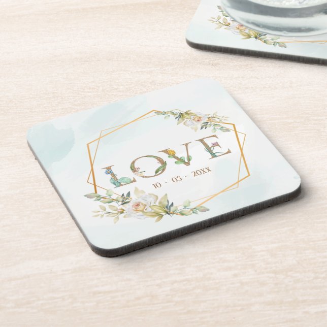 Elegant  Floral  Love Greenery Gold  Coaster (Left Side)