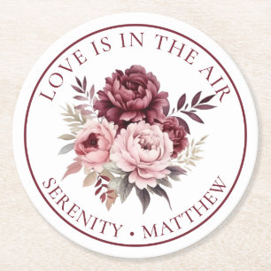 Elegant Floral Love Watercolor Peony Wedding Round Paper Coaster