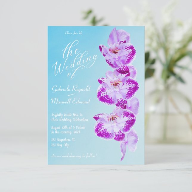 Elegant Floral Love White Blue Orchids Wedding Invitation (Standing Front)