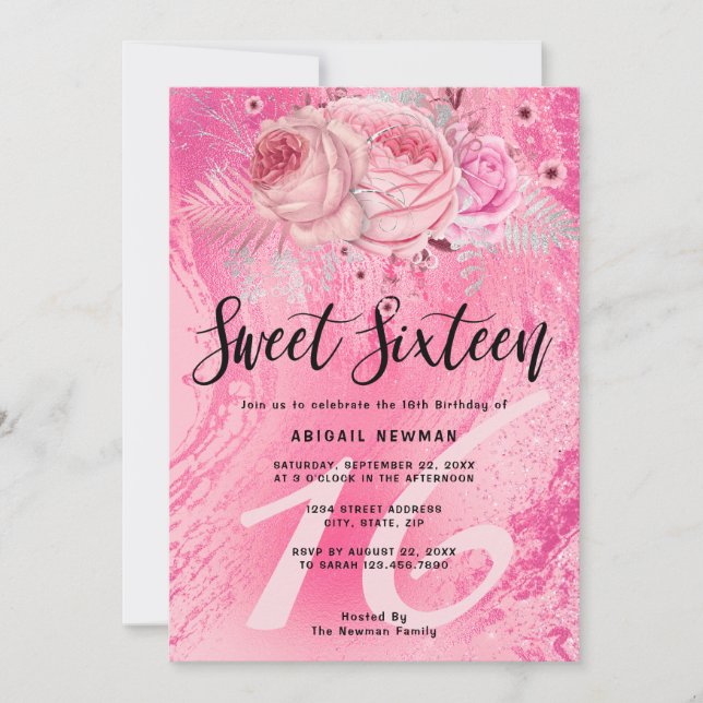 Elegant floral magenta pink glitter sweet sixteen invitation (Front)