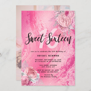 Elegant floral magenta pink glitter sweet sixteen invitation