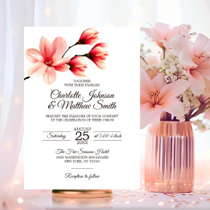 Elegant Floral Magnolia Coral Pink Peach Wedding Invitation