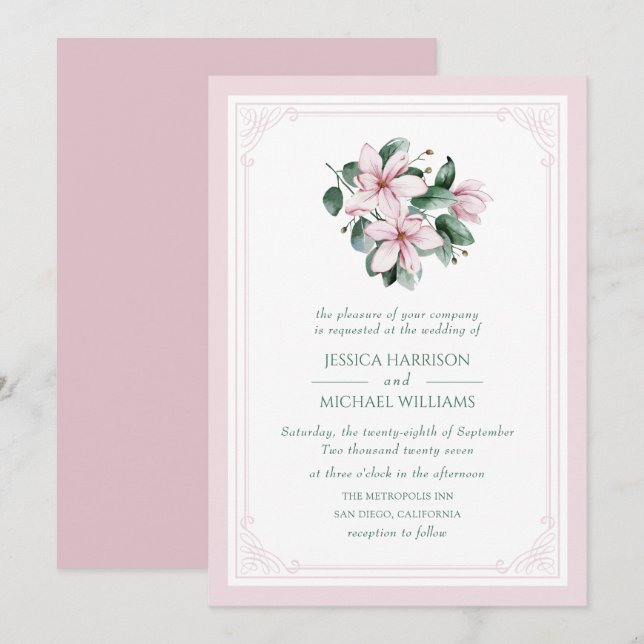 Elegant Floral Magnolia Pink Formal Wedding Invitation (Front/Back)