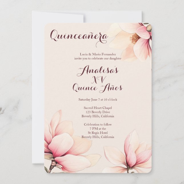 Elegant Floral Magnolia Quinceañera CUSTOM Invitation (Front)