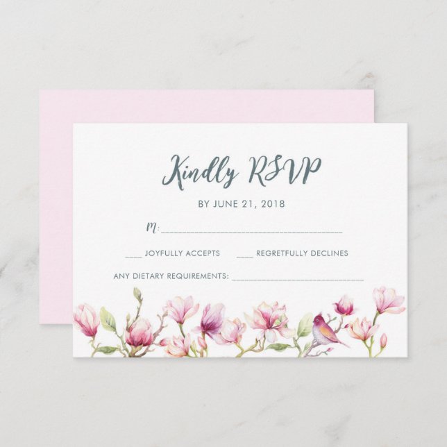 Elegant floral magnolia watercolor RSVP cards (Front/Back)