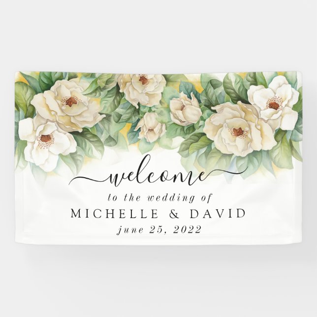 Elegant Floral Magnolia Watercolor Wedding Welcome Banner (Horizontal)