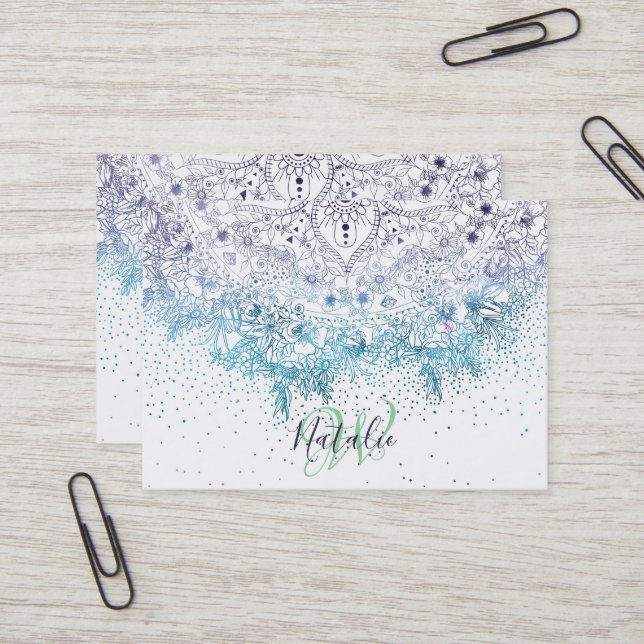 Elegant floral mandala and confetti image business card (Front/Back In Situ)
