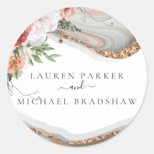 Elegant Floral Marble Glitter Wedding Classic Round Sticker