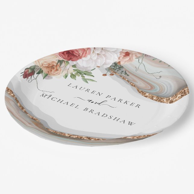 Elegant Floral Marble Glitter Wedding Luxury Paper Plate (Angled)