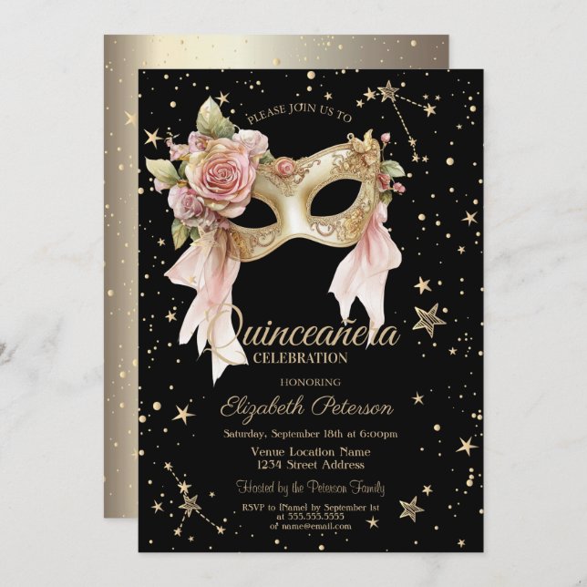 Elegant Floral Masque Stars Black Gold Quinceañera Invitation (Front/Back)