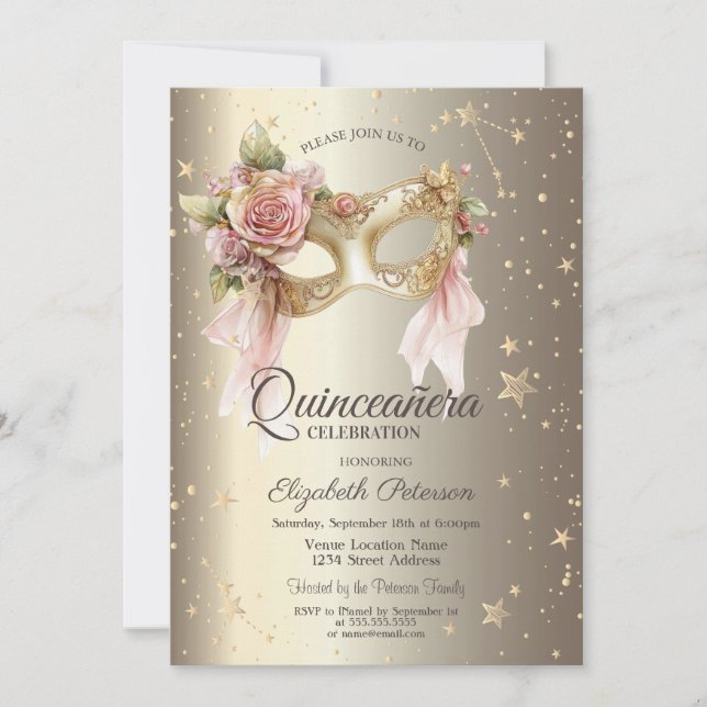 Elegant Floral Masque Stars Gold Quinceañera Invitation (Front)