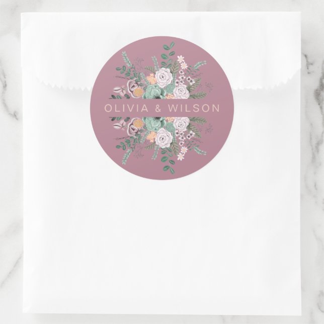 Elegant Floral mauve  Classic Round Sticker (Bag)