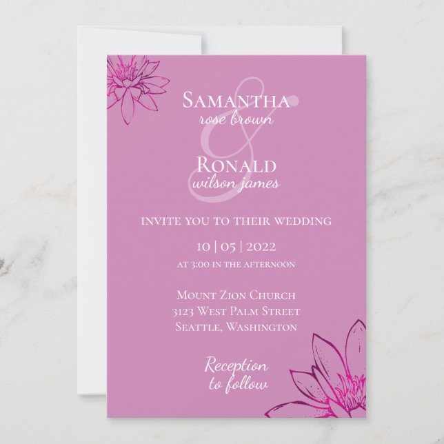 Elegant floral mauve & fuschia wedding invitation (Front)