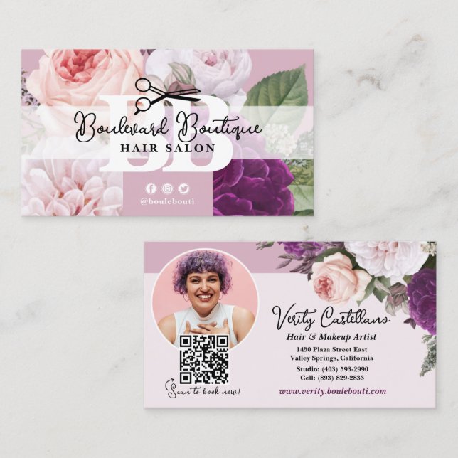 Elegant Floral Mauve Hair Salon Stylist Photo QR Business Card (Front/Back)