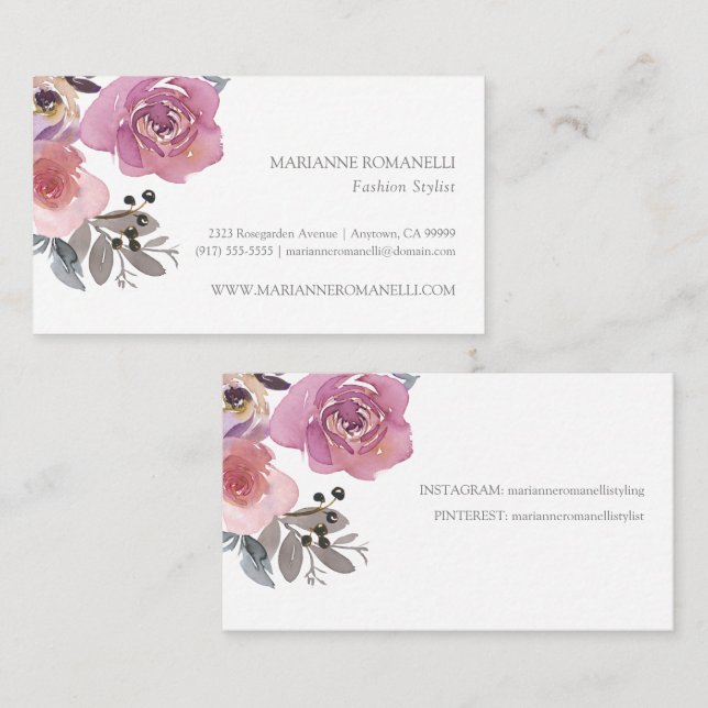 Elegant Floral Mauve Pink Watercolor  Business Card (Front/Back)