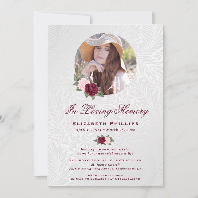 Elegant Floral Memorial Service Photo Invitation (Front)
